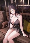  1girl arknights bare_arms bare_shoulders black_hair black_nails blush breasts cleavage couch feet_out_of_frame hair_between_eyes highres horns indoors ines_(arknights) large_breasts looking_at_viewer nail_polish parted_lips pillow ru_zhai sitting solo thighs window yellow_eyes 