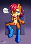  absurd_res anthro archie_comics blue_eyes boots breasts chair chipmunk clothing dialogue female footwear fours_(artist) furniture genitals ground_squirrel hair hi_res looking_at_viewer mammal mostly_nude on_chair orange_body pubes pussy red_hair rodent sally_acorn sciurid sega sitting sitting_on_chair solo sonic_the_hedgehog_(archie) sonic_the_hedgehog_(comics) sonic_the_hedgehog_(series) topwear vest 