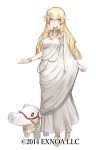  1girl blonde_hair breasts character_request cleavage closed_mouth eisuto elephant full_body hair_between_eyes hair_ornament long_hair looking_at_viewer medium_breasts oshiro_project_re red_eyes simple_background smile solo standing toga very_long_hair white_background 