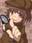  1girl :3 :d brick_wall brown_coat brown_eyes brown_headwear coat commentary_request deerstalker detective foreshortening furrowed_brow hair_between_eyes hat highres holding holding_magnifying_glass idolmaster idolmaster_cinderella_girls index_finger_raised kita_hinako kuwahara long_sleeves looking_at_viewer magnifying_glass open_mouth short_hair smile solo trench_coat upper_body 