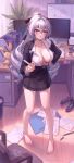  1girl barefoot black_skirt blush breasts bronya_zaychik bronya_zaychik_(silverwing:_n-ex) chair cleavage drill_hair full_body green_eyes grey_hair hand_on_own_hip highres honkai_(series) honkai_impact_3rd indoors long_hair looking_at_viewer monitor office_lady paperwork pointing pointing_at_viewer shirt skirt toes twin_drills unbuttoned unbuttoned_shirt very_long_hair white_shirt yelan_xing_xuan 