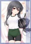  1girl alternate_costume artist_name bike_shorts bike_shorts_under_buruma black_hair buruma character_name commentary_request cowboy_shot flat_chest green_buruma gym_shirt gym_uniform hatsushimo_(kancolle) highres inaba_shiki kantai_collection long_hair low-tied_long_hair lying red_eyes shirt shirt_tucked_in solo t-shirt white_shirt 