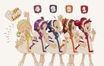  &gt;_&lt; 5girls :d arm_up asuka_momoko blonde_hair blue_eyes blue_hair blue_scarf blush blush_stickers brown_eyes brown_hair closed_eyes closed_mouth commentary double_bun dress eda_(eeeeeeda119) finger_counting from_side fujiwara_hazuki glasses grin hair_bun hair_rings hand_on_own_hip hand_up harukaze_doremi headphones index_finger_raised long_hair looking_at_viewer middle_w multiple_girls ojamajo_doremi one_side_up open_hand open_mouth orange_scarf pink_eyes pink_scarf profile puffy_short_sleeves puffy_sleeves purple_eyes purple_hair purple_scarf red_hair scarf segawa_onpu senoo_aiko short_hair short_sleeves simple_background smile speech_bubble standing symbol-only_commentary v w white_dress xd yellow_scarf 