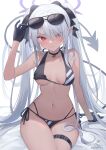  1girl absurdres bare_arms bare_shoulders bikini black_bikini black_gloves black_ribbon blue_archive breasts choker dark-skinned_female dark_skin demon_tail eyewear_on_head gloves grey_hair hair_over_one_eye hair_ribbon halo highres iori_(blue_archive) iori_(swimsuit)_(blue_archive) long_hair looking_at_viewer medium_breasts murata_konomin navel pointy_ears red_eyes ribbon simple_background sitting solo sunglasses sweat swimsuit tail thigh_strap twintails very_long_hair white_background 