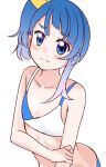  1girl bikini blue_bikini blue_eyes blue_hair blush closed_mouth commentary cut_bangs embarrassed flat_chest frown hair_ribbon hand_on_own_arm hirogaru_sky!_precure looking_at_viewer medium_hair mitumi_mira precure ribbon side_ponytail simple_background single_sidelock solo sora_harewataru swimsuit two-tone_bikini upper_body white_background white_bikini yellow_ribbon 