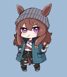  1girl absurdres animal_ears beanie belt belt_buckle black_belt black_gloves black_pants blue_jacket blush brown_hair buckle candy chibi closed_mouth commentary_request ears_through_headwear fingerless_gloves food food_in_mouth full_body gloves grey_footwear grey_headwear hair_between_eyes hand_in_pocket hat highres holding holding_candy holding_food holding_lollipop horse_ears horse_girl horse_tail jacket lollipop long_hair long_sleeves looking_at_viewer mouth_hold nakayama_festa_(umamusume) nozo_(hitomiz) open_clothes open_jacket pants purple_eyes red_shirt shirt shoes solo standing tail torn_clothes torn_pants torn_shirt umamusume very_long_hair 