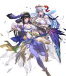  2girls animal_ears bangs black_hair breasts cleavage cuboon curled_horns fire_emblem fire_emblem:_the_blazing_blade fire_emblem_heroes freyja_(fire_emblem) full_body gloves grey_eyes highres horns karla_(fire_emblem) large_breasts long_hair medium_breasts multiple_girls non-web_source official_art pantyhose rabbit_ears red_eyes transparent_background 