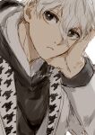  1boy black_eyes blue_lock bright_pupils closed_mouth commentary hair_between_eyes hand_on_own_chest hood hood_down hoodie long_sleeves male_focus nagi_seishirou nori20170709 short_hair solo twitter_username upper_body white_hair white_pupils 