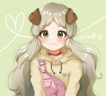  1girl :3 animal_ears blush dog_ears fur_hoodie green_eyes handa_roco heart idolmaster idolmaster_million_live! light_green_hair long_hair looking_at_viewer overalls pink_overalls ponpon_pon_cho solo upper_body very_long_hair 