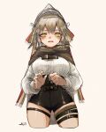  1girl absurdres arknights black_shorts breasts brown_capelet brown_hair capelet cropped_legs fartooth_(arknights) grey_background harukan_tiusu highres hood hood_down hooded_capelet long_sleeves looking_at_viewer medium_breasts parted_lips puffy_long_sleeves puffy_sleeves shirt short_shorts shorts simple_background solo thigh_strap white_shirt yellow_eyes 