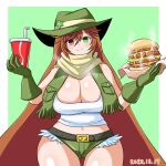  1girl alternate_breast_size alternate_costume belt black_belt blush breasts brown_hair burger cleavage closed_mouth cola commentary_request cowboy_hat cowboy_shot cup dated disposable_cup drinking_straw food fringe_trim gloves green_background green_eyes green_gloves green_headwear green_shorts hat hat_ornament heterochromia highres holding holding_food huge_breasts itini-sanshi long_hair looking_at_viewer micro_shorts midriff navel pocket red_eyes rozen_maiden scarf shiny_skin shirt shorts solo star_(symbol) star_hat_ornament suiseiseki tank_top thigh_gap two-tone_background very_long_hair white_background white_shirt white_tank_top yellow_scarf 