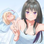  2girls absurdres after_sex black_hair blonde_hair breasts closed_eyes closed_mouth commentary english_commentary guy_tired_after_sex_(meme) highres inoue_takina light_blush linhoct11 long_hair lycoris_recoil lying meme multiple_girls naked_towel nishikigi_chisato on_back on_bed parted_lips pillow purple_eyes red_ribbon ribbon selfie short_hair sleeping small_breasts smile towel twitter_username v yuri 