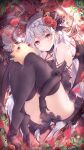  1girl :o ass bare_shoulders black_dress black_thighhighs black_wings covering covering_ass demon_girl dress elbow_gloves flower gloves hair_flower hair_ornament highres hugging_own_legs leaf looking_at_viewer lying manman_manyou_haiyang_de_paomo no_shoes on_ground original pants red_eyes red_flower shorts soles solo thighhighs thighs variant_set white_hair wings 