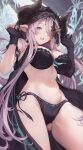  1girl asymmetrical_gloves black_panties blacktail_hihi breasts commission demon_horns draph gloves granblue_fantasy hair_ornament hair_over_one_eye highres horns large_breasts light_purple_hair narmaya_(granblue_fantasy) navel panties pointy_ears skeb_commission solo stomach underwear uneven_gloves 