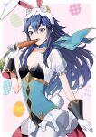  1girl ameno_(a_meno0) animal_ears blue_eyes blue_hair breasts carrot choker cleavage eating fire_emblem fire_emblem_awakening food gloves long_hair lucina_(fire_emblem) official_alternate_costume open_mouth playboy_bunny rabbit_ears scarf see-through small_breasts solo symbol-shaped_pupils 