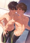 2boys arm_grab ass behind_another black_male_swimwear brown_eyes brown_hair bulge collarbone commentary_request day eye_contact face-to-face grabbing_another&#039;s_arm hair_between_eyes hand_on_another&#039;s_thigh highres jammers linea_alba looking_at_another looking_back male_focus male_swimwear multiple_boys navel nayoshi_(r-744) nipples original outdoors paid_reward_available parted_lips pectorals ribs shade shiny_clothes short_hair spiked_hair standing toned toned_male yaoi 