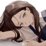  1girl blue_dress brown_hair closed_mouth collared_shirt dress egg fei_(songyijie) green_eyes highres long_hair looking_at_viewer lying nagase_koito on_side shirt simple_background solo upper_body white_background white_shirt wonder_egg_priority 