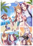  ! !! 4girls absurdres alternate_costume animal_ears beach belt blue_eyes breasts brown_hair casual clenched_hands closed_eyes commentary_request el_condor_pasa_(umamusume) gold_ship_(umamusume) grass_wonder_(umamusume) grey_hair highres horse_ears horse_girl horse_tail long_hair medium_breasts medium_hair multiple_girls ocean one_eye_closed open_mouth palm_tree pants ryuu_(ryuraconis) sky special_week_(umamusume) swimsuit tail tree umamusume 