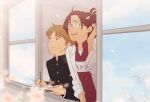  1boy 1other aged_down androgynous branch brown_eyes brown_hair commentary_request contemporary gakuran glasses hange_zoe hanpetos holding holding_notepad jacket moblit_berner notepad open_mouth petals ponytail school_uniform shingeki_no_kyojin smile white_jacket window 