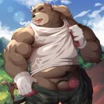  2023 anthro bear bodily_fluids brown_body clothing detailed_background erection eyes_closed facial_piercing farmer genital_fluids genitals hi_res humanoid_hands kemono male mammal musclegut nose_piercing nose_ring outside park_kr penis piercing precum pubes ring_piercing shirt solo topwear 