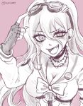  1girl :d antenna_hair barbed_wire bow bowtie breasts choker cleavage danganronpa_(series) danganronpa_v3:_killing_harmony fangs fingerless_gloves gloves goggles goggles_on_head hair_between_eyes highres iruma_miu large_breasts long_sleeves mochijam o-ring pink_background sailor_collar shirt simple_background smile solo teeth 