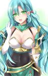  1girl :d aqua_hair bow braid breasts chloe_(fire_emblem) commentary_request covered_navel fire_emblem fire_emblem_engage gloves green_eyes hair_between_eyes hair_bow highres kirishima_riona large_breasts long_hair looking_at_viewer open_mouth smile solo upper_body very_long_hair white_gloves 