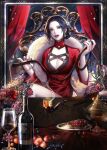  1girl black_eyes black_hair bottle breasts bright_pupils cape cleavage cup dress drinking_glass earrings eu_(euspia) flower food fruit fur-trimmed_cape fur_trim highres holding holding_whip jewelry korean_commentary large_breasts looking_at_viewer novel_illustration official_art parted_bangs parted_lips plate red_dress red_lips red_nails regressor&#039;s_instruction_manual shaolin_(regressor&#039;s_instruction_manual) side_slit solo whip white_pupils wine_bottle wine_glass 