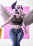  2023 abs absol anthro aozee artist_name athletic athletic_anthro athletic_female biceps big_breasts bottomwear breasts clothing crop_top curvaceous curvy_figure denim denim_clothing digital_drawing_(artwork) digital_media_(artwork) eyelashes female fingers fur generation_3_pokemon grey_body grey_fur hair hair_over_eye hi_res jeans long_hair looking_at_viewer midriff multicolored_body multicolored_fur navel nintendo one_eye_obstructed orange_eyes pants pokemon pokemon_(species) shirt simple_background solo thick_thighs topwear two_tone_body two_tone_fur voluptuous watermark white_body white_fur white_hair wide_hips wings 