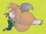  anthro armwear bandai_namco big_butt black_sclera blue_eyes butt clothed clothing digimon digimon_(species) feet female fur green_background hi_res mostly_nude multicolored_body multicolored_fur renamon simple_background solo toes two_tone_body two_tone_fur white_body white_fur wolftang yellow_body yellow_fur 