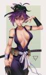  1girl :p absurdres bare_shoulders breasts breasts_apart cowboy_shot dress ethan_wylie hair_between_eyes hand_up highres holding holding_weapon jigokuraku katana kunai looking_at_viewer medium_breasts midriff ninja no_bra purple_dress purple_eyes purple_hair side_slit sleeveless sleeveless_dress solo sword sword_on_back tongue tongue_out weapon weapon_on_back yuzuriha_(jigokuraku) 