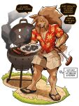  2023 absurd_res aloha_shirt anthro bird_dog bottomwear burnt_food canid canine canis cargo_shorts ceehaz chicken_meat chicken_nugget clothed clothing cocker_spaniel domestic_dog flip_flops food footwear grill hi_res humor hunting_dog male mammal meat nugget_(diadorin) open_clothing open_shirt open_topwear pattern_clothing pattern_shirt pattern_topwear sandals sausage shirt shorts solo spaniel topwear 