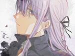  1girl axy_cang black_jacket black_ribbon braid closed_mouth danganronpa:_trigger_happy_havoc danganronpa_(series) hair_ribbon highres jacket kirigiri_kyoko long_hair looking_at_viewer pink_eyes pink_hair profile ribbon side_braid simple_background smile solo white_background 