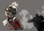  1girl animal_ears assault_rifle bike_shorts black_pants blood blood_splatter body_armor brugger-thomet_mp9 bulletproof_vest bullpup decapitation dutchko escape_from_tarkov fox_ears fox_girl fox_tail gloves grey_background gun guro holding holding_gun holding_weapon injury iwi_tavor knee_pads long_hair military pain pants plate_carrier pov rifle submachine_gun tactical_clothes tail weapon 