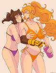  animal_ears bikini black_hair blake_belladonna blonde_hair blush breasts can cat_ears curvy grabbing grabbing_another&#039;s_breast grabbing_from_behind highres long_hair looking_at_another navel orange_bikini ponytail prosthesis purple_bikini rwby side-tie_bikini_bottom soda_can swimsuit yang_xiao_long yellow_nicky yuri 