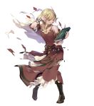  1girl bare_shoulders belt blonde_hair book boots breasts citrinne_(fire_emblem) dress feathers fire_emblem fire_emblem_engage fire_emblem_heroes full_body gold_trim hair_ornament hand_up highres holding holding_book jewelry knee_boots long_dress medium_breasts ne-on necklace non-web_source official_art one_eye_closed pantyhose purple_eyes short_hair solo torn_clothes torn_dress transparent_background 