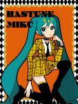  1girl absurdres aqua_eyes aqua_hair black_necktie blazer blue_eyes blue_hair blush boots character_name choker collarbone hair_between_eyes halftone hatsune_miku high-waist_skirt highres jacket kneeling long_hair looking_at_viewer necktie orange_lips orange_nails plaid plaid_jacket plaid_skirt pleated_skirt pout punk shirt shirt_tucked_in simple_background skirt solo spiked_choker spikes sugarmonaka thigh_boots twintails very_long_hair vocaloid wallet_chain white_shirt yellow_jacket zettai_ryouiki 