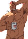  1boy abs bara blue_eyes boku_no_hero_academia burn_scar chest_hair closed_mouth completely_nude cup endeavor_(boku_no_hero_academia) facial_hair feiya6022 highres holding holding_cup large_pectorals looking_at_viewer male_focus mature_male muscular muscular_male navel nipples nude pectorals red_hair scar scar_on_face short_hair simple_background solo twitter_username white_background 