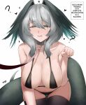  1girl :q ? aqua_eyes arknights artist_name bare_shoulders bent_over bikini black_bikini black_thighhighs breasts cleavage collarbone english_text eroborne grey_hair half-closed_eyes hanging_breasts head_wings highres ho&#039;olheyak_(arknights) hypnosis large_breasts looking_at_viewer mind_control navel paw_shoes short_hair simple_background smile snake_tail solo swimsuit tail thigh_gap thighhighs tongue tongue_out white_background wings 