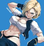  1girl abs android_18 artist_name black_gloves blonde_hair blue_background blue_eyes bracelet breasts cleavage closed_mouth cropped_shirt denim denim_vest dragon_ball dragon_ball_z dutch_angle earrings english_commentary gloves hair_between_eyes hand_in_own_hair highleg highleg_panties highres jeans jewelry large_breasts looking_at_viewer missfaves navel necklace open_pants panties pants pearl_necklace short_hair short_sleeves solo underwear 