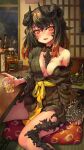  1girl absurdres alcohol au_ra avatar_(ff14) black_hair black_kimono black_nails blush bottle breasts commentary commission cup cushion dragon_girl drinking_glass english_commentary final_fantasy final_fantasy_xiv gradient_hair highres holo_(dragonholo) horns indoors japanese_clothes kimono long_hair long_sleeves medium_breasts melaton mixed-language_commentary multicolored_hair multiple_horns nail_polish no_bra off_shoulder open_mouth orange_eyes red_hair sash scales shouji single_bare_shoulder sitting skeb_commission sliding_doors slit_pupils smile solo tatami whiskey wide_sleeves zabuton 
