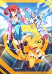  1girl 2others absurdres agumon artist_name black_thighhighs blue_dress blue_eyes blue_sky blush breasts cleavage day digimon digimon_story:_cyber_sleuth dress gabumon hair_ornament hairpin highres jacket jewelry kainex19 large_breasts long_hair looking_at_viewer multiple_others necklace open_clothes open_jacket open_mouth outdoors pink_jacket red_hair shiramine_nokia short_twintails sky thighhighs twintails watermark 