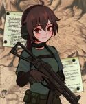  1girl ahoge borrowed_character brown_gloves brown_hair closed_mouth ear_protection english_commentary english_text film_grain gloves gun h&amp;k_ump h&amp;k_ump9 hair_between_eyes hand_up holding holding_gun holding_weapon io_(onisarashi) light_smile long_hair looking_at_viewer note original paper sepia_background short_sleeves solo submachine_gun sweat upper_body weapon 