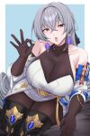  1girl bare_shoulders boots breasts bronya_rand collarbone earrings elbow_gloves fellatio_gesture gloves grey_eyes grey_hair highres honkai:_star_rail honkai_(series) jewelry kanta_(kanta_077) large_breasts long_hair looking_at_viewer pantyhose simple_background solo thick_thighs thigh_boots thighs tongue tongue_out 