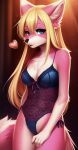  absurd_res anthro black_clothing blonde_hair blue_eyes blush breasts canid clothed clothing digital_media_(artwork) female fur hair hi_res hybrid lingerie looking_at_viewer mammal pink_body pink_fur portrait princess princesspaw69 royalty simple_background solo tail 