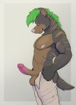  absurd_res anthro balls circumcised eanic8 erection fur genitals green_eyes green_hair grey_body grey_fur hair hi_res humanoid_genitalia humanoid_penis hyena male mammal penis scar solo 