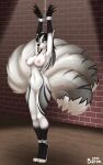  absurd_res anthro arms_above_head blue_eyes bound breasts canid canine cuff_(restraint) female fluffy fluffy_tail fox fur genitals handcuffed handcuffs hands_tied hi_res looking_at_viewer mammal metal_cuffs multi_tail nipples pink_nipples pussy restraints solo standing tail thehashbaron white_body white_fur 