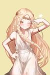  1boy absurdres armpits blonde_hair commentary dress ekrea_jan elden_ring hand_on_own_hip highres long_dress long_hair miquella_(elden_ring) one_eye_closed otoko_no_ko simple_background smile solo v_over_eye very_long_hair yellow_eyes 