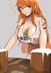  1girl alcohol bare_shoulders beer beer_mug between_breasts blush breasts brown_shorts coin cup earrings grin highres hooters jewelry long_hair money mug nami_(one_piece) one_piece orange_hair shirt short_shorts shorts shoulder_tattoo smile solo tattoo teeth vialnite white_shirt 