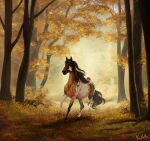  ambiguous_gender autumn autumn_leaves digital_media_(artwork) digital_painting_(artwork) equid equine eyelashes feral fihell forest hi_res hooves horse long_mane looking_at_viewer mammal plant realistic running signature spots spotted_body tree 