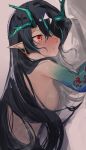  1girl absurdres ao_oni_(onioni-aoi) aqua_hair arknights black_hair blue_skin blush breasts colored_skin completely_nude dragon_horns dusk_(arknights) earrings gradient_skin hair_over_one_eye highres horns jewelry long_hair medium_breasts multicolored_hair nude parted_lips pointy_ears red_eyes sideboob solo streaked_hair two-tone_hair upper_body very_long_hair 